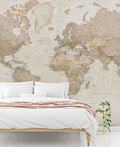 mural de papel pintado de mapa mundial personalizable de color marrón claro llamado Antique World Map de Lovell Johns para dormitorios