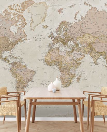 lysebrunt tilpasseligt verdenskort tapetmaleri kaldet Antique World Map af Lovell Johns til soveværelser