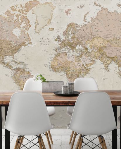 mural de papel de parede de mapa mundial personalizável marrom claro chamado Antique World Map de Lovell Johns para quartos