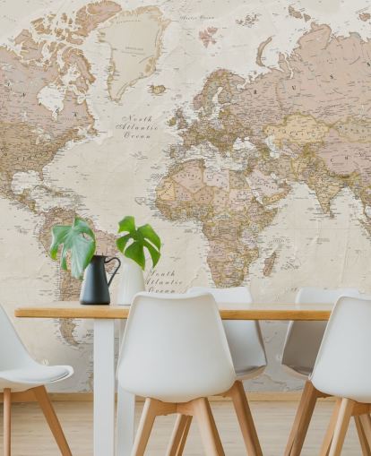 mural de papel pintado de mapa mundial personalizable de color marrón claro llamado Antique World Map de Lovell Johns para dormitorios