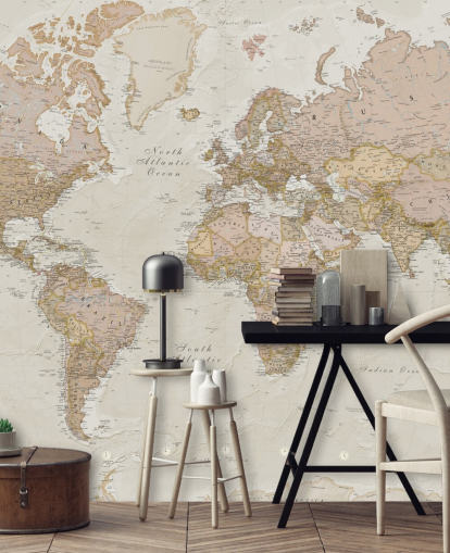carta da parati murale personalizzabile con mappa del mondo marrone chiaro chiamata Antique World Map di Lovell Johns per camere da letto