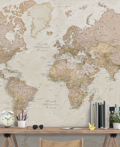carta da parati murale personalizzabile con mappa del mondo marrone chiaro chiamata Antique World Map di Lovell Johns per camere da letto