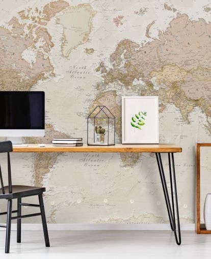 carta da parati murale personalizzabile con mappa del mondo marrone chiaro chiamata Antique World Map di Lovell Johns per camere da letto