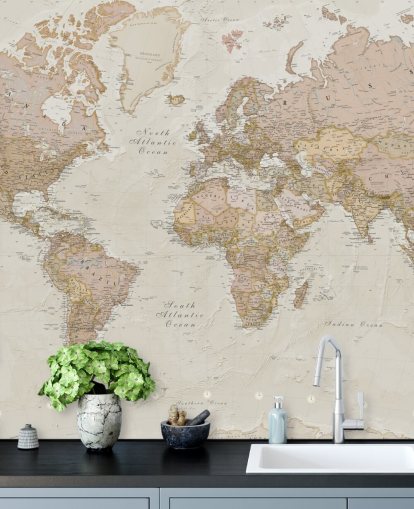 papier peint mural de carte du monde personnalisable marron clair appelé Antique World Map par Lovell Johns pour les chambres