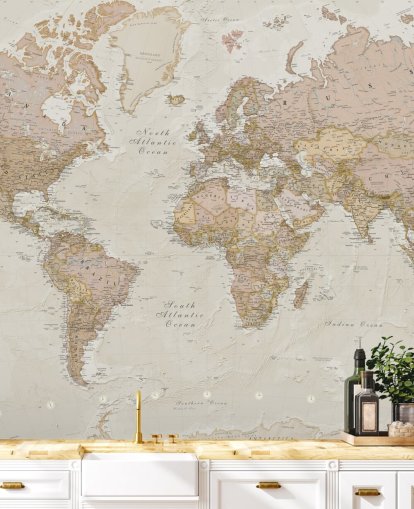mural de papel de parede de mapa mundial personalizável marrom claro chamado Antique World Map de Lovell Johns para quartos