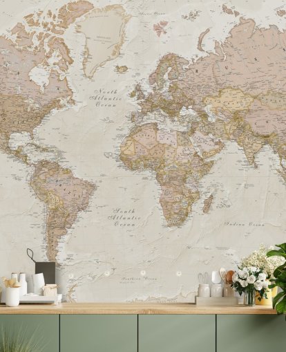 papier peint mural de carte du monde personnalisable marron clair appelé Antique World Map par Lovell Johns pour les chambres