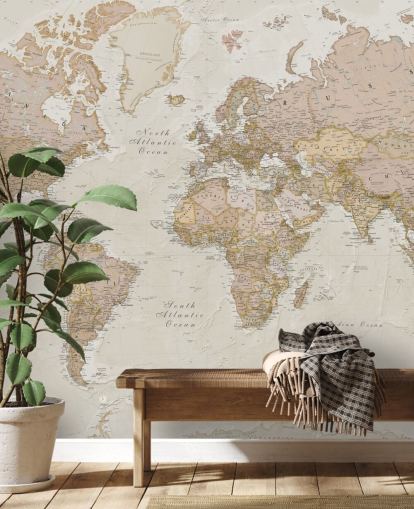 mural de papel de parede de mapa mundial personalizável marrom claro chamado Antique World Map de Lovell Johns para quartos