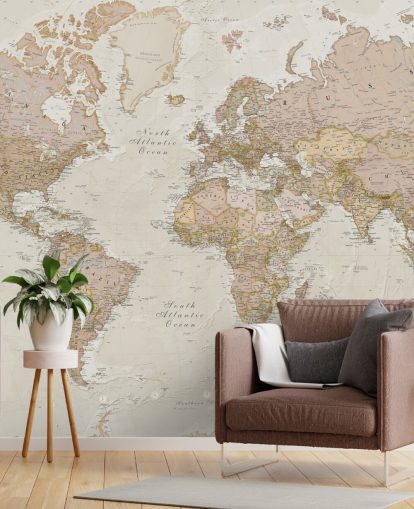 Hellbraune, anpassbare Weltkarte-Tapete mit dem Titel Antique World Map von Lovell Johns für Schlafzimmer