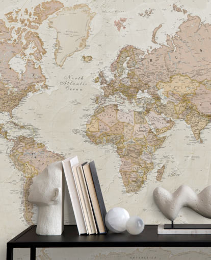 mural de papel pintado de mapa mundial personalizable de color marrón claro llamado Antique World Map de Lovell Johns para dormitorios