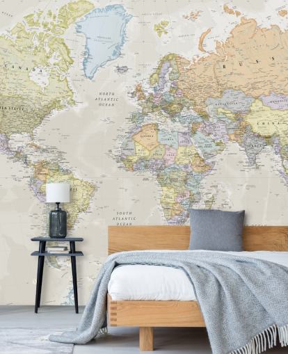neutraali muokattava maailmankartan taustakuvamaalaus nimeltä Classic World Map, kirjoittanut Lovell Johns makuuhuoneisiin