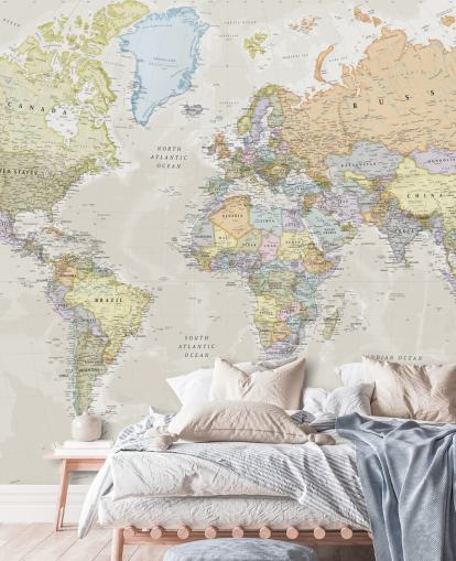 carta da parati murale neutra personalizzabile con mappa del mondo chiamata Classic World Map di Lovell Johns per camere da letto