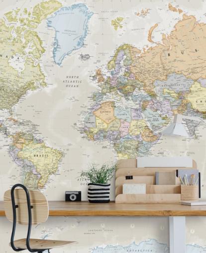 neutrale, anpassbare Weltkarte-Tapete namens Classic World Map von Lovell Johns für Schlafzimmer