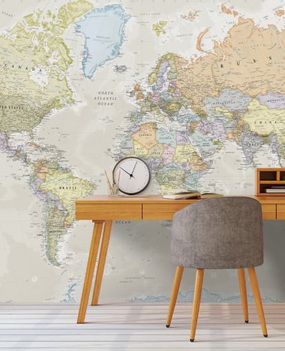 mural de papel pintado de mapa mundial neutro personalizable llamado Classic World Map de Lovell Johns para dormitorios