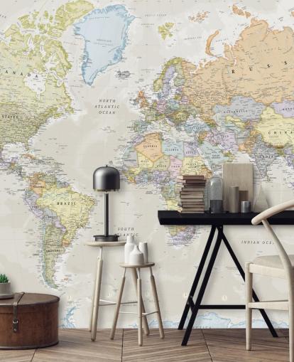 neutral customisable world map wallpaper mural called Classic World Map by Lovell Johns for bedrooms