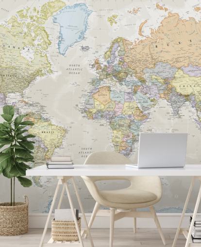 papier peint mural neutre de carte du monde personnalisable appelé Classic World Map par Lovell Johns pour les chambres