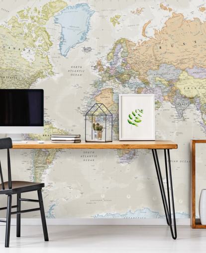 carta da parati murale neutra personalizzabile con mappa del mondo chiamata Classic World Map di Lovell Johns per camere da letto