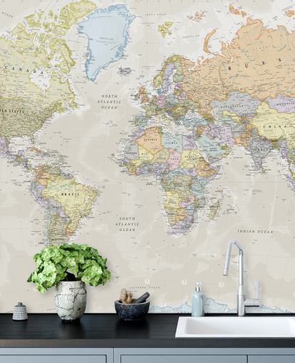 neutrale aanpasbare wereldkaart behangmuurschildering genaamd Classic World Map van Lovell Johns voor slaapkamers