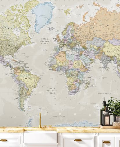 neutrale aanpasbare wereldkaart behangmuurschildering genaamd Classic World Map van Lovell Johns voor slaapkamers