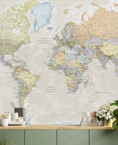 mural de papel de parede neutro e personalizável do mapa-múndi chamado Classic World Map de Lovell Johns para quartos