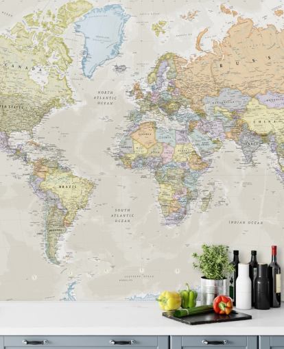 neutrale, anpassbare Weltkarte-Tapete namens Classic World Map von Lovell Johns für Schlafzimmer