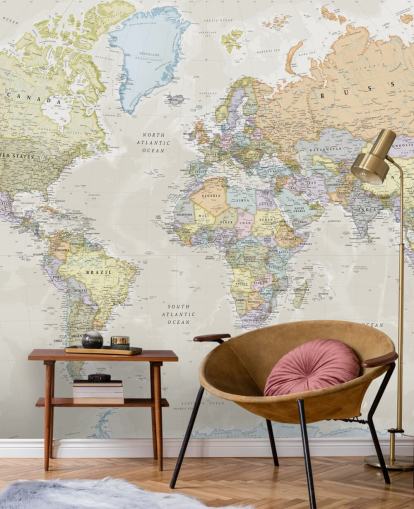 neutral customizable world map wallpaper mural called Classic World Map by Lovell Johns for bedrooms