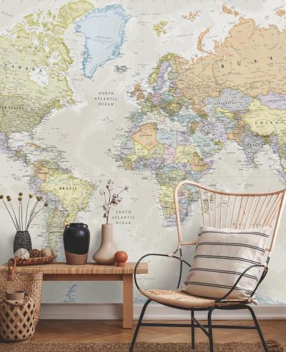 papier peint mural neutre de carte du monde personnalisable appelé Classic World Map par Lovell Johns pour les chambres
