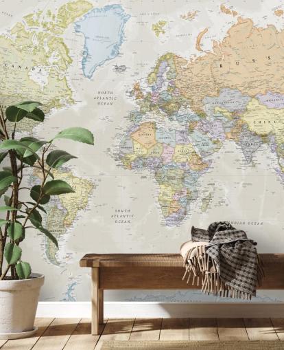 neutral anpassningsbar världskarta tapetväggmålning kallad Classic World Map av Lovell Johns för sovrum