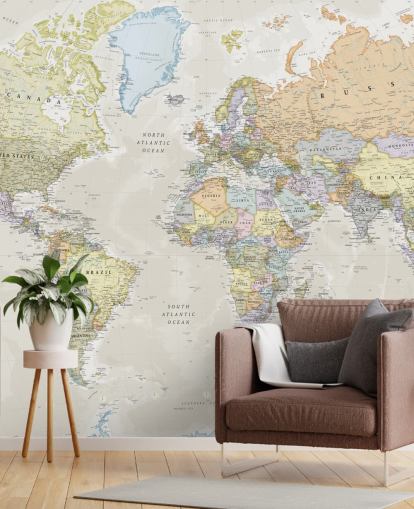 neutrale aanpasbare wereldkaart behangmuurschildering genaamd Classic World Map van Lovell Johns voor slaapkamers neutrale aanpasbare wereldkaart behangmuurschildering genaamd Classic World Map van Lovell Johns voor slaapkamers