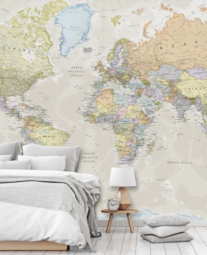 neutral anpassningsbar världskarta tapetväggmålning kallad Classic World Map av Lovell Johns för sovrum