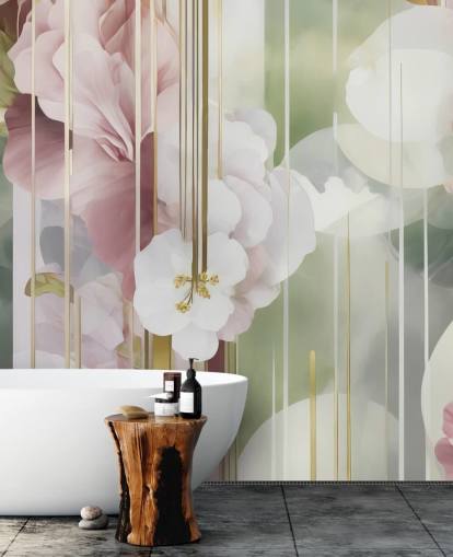 customisable white, pink and green abstract floral mural called Architecture of Nature by Marina Stupakova