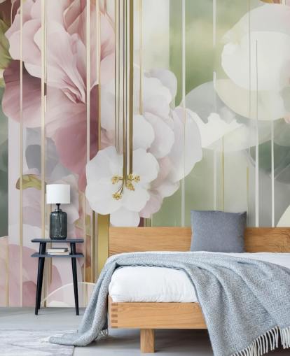 peinture murale florale abstraite blanche, rose et verte personnalisable appelée Architecture of Nature par Marina Stupakova