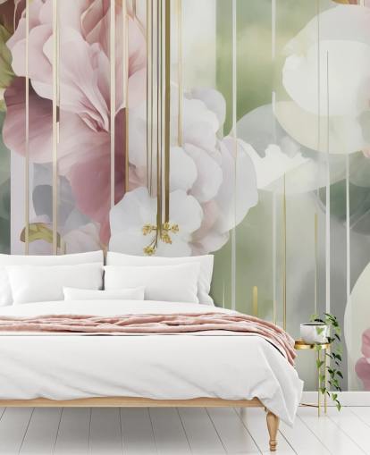 customisable white, pink and green abstract floral mural called Architecture of Nature by Marina Stupakova