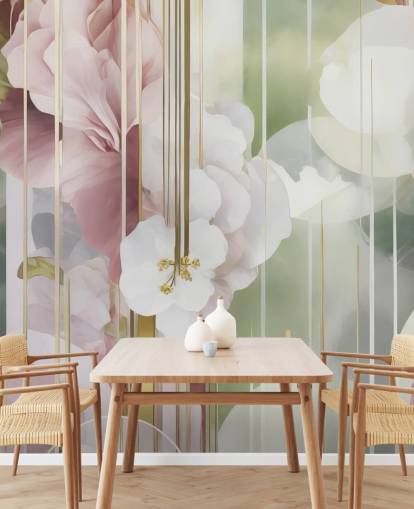 mural floral abstracto personalizable en blanco, rosa y verde llamado Architecture of Nature de Marina Stupakova mural floral abstracto personalizable en blanco, rosa y verde llamado Architecture of Nature de Marina Stupakova