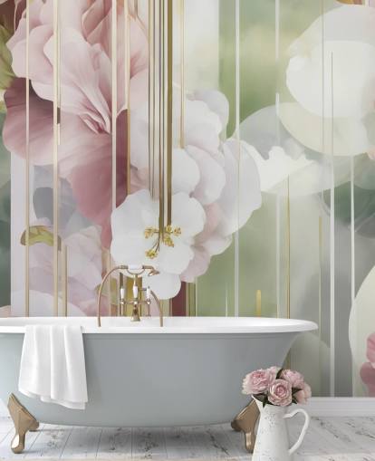 customisable white, pink and green abstract floral mural called Architecture of Nature by Marina Stupakova