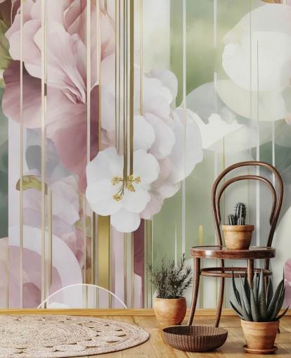 mural floral abstrato branco, rosa e verde personalizável chamado Architecture of Nature de Marina Stupakova