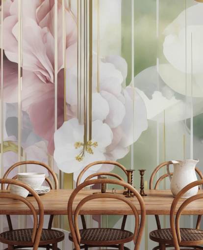 peinture murale florale abstraite blanche, rose et verte personnalisable appelée Architecture of Nature par Marina Stupakova