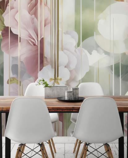 customizable white, pink and green abstract floral mural called Architecture of Nature by Marina Stupakova