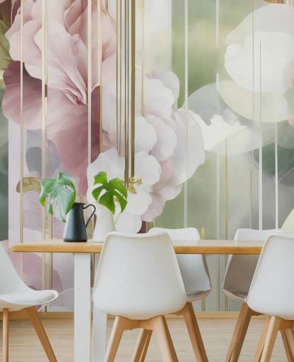 mural floral abstracto personalizable en blanco, rosa y verde llamado Architecture of Nature de Marina Stupakova