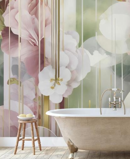 peinture murale florale abstraite blanche, rose et verte personnalisable appelée Architecture of Nature par Marina Stupakova