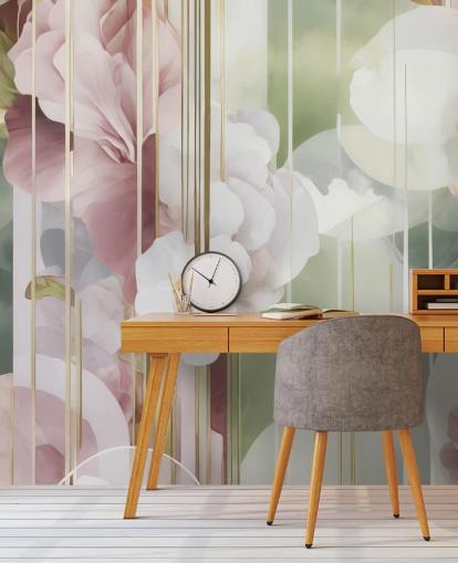 customizable white, pink and green abstract floral mural called Architecture of Nature by Marina Stupakova