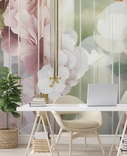 mural floral abstrato branco, rosa e verde personalizável chamado Architecture of Nature de Marina Stupakova