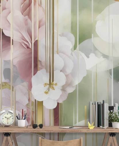 customisable white, pink and green abstract floral mural called Architecture of Nature by Marina Stupakova