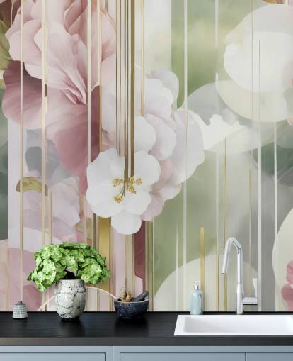 mural floral abstracto personalizable en blanco, rosa y verde llamado Architecture of Nature de Marina Stupakova