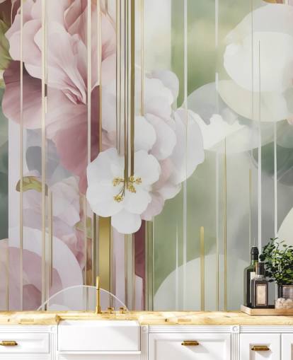mural floral abstracto personalizable en blanco, rosa y verde llamado Architecture of Nature de Marina Stupakova