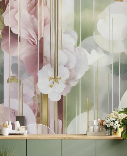 mural floral abstracto personalizable en blanco, rosa y verde llamado Architecture of Nature de Marina Stupakova