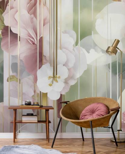 mural floral abstracto personalizable en blanco, rosa y verde llamado Architecture of Nature de Marina Stupakova