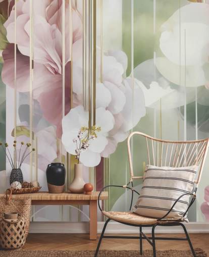 mural floral abstracto personalizable en blanco, rosa y verde llamado Architecture of Nature de Marina Stupakova