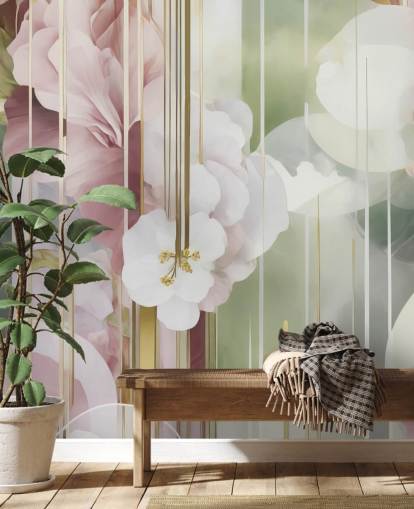aanpasbare witte, roze en groene abstracte bloemenmuurschildering genaamd Architecture of Nature van Marina Stupakova