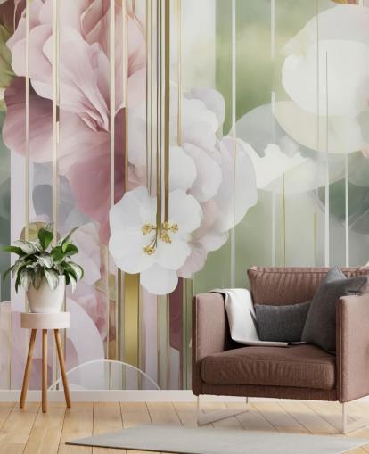 aanpasbare witte, roze en groene abstracte bloemenmuurschildering genaamd Architecture of Nature van Marina Stupakova aanpasbare witte, roze en groene abstracte bloemenmuurschildering genaamd Architecture of Nature van Marina Stupakova