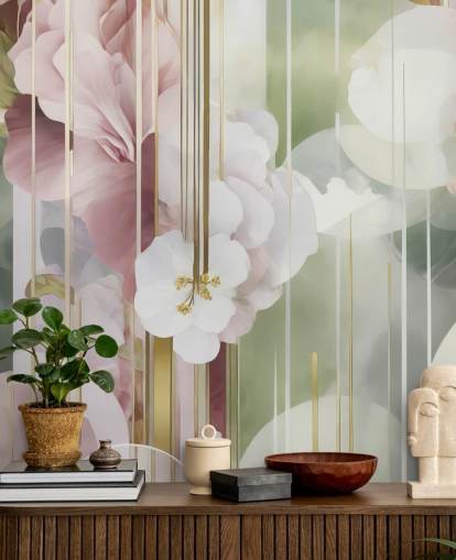 customisable white, pink and green abstract floral mural called Architecture of Nature by Marina Stupakova